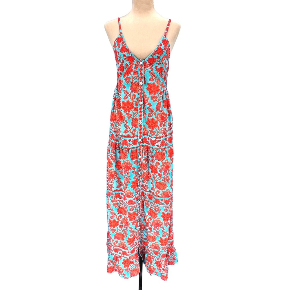 Bindu Cecilia Dress Womens Small Turquoise Orange Floral Cotton Smocked Maxi NEW